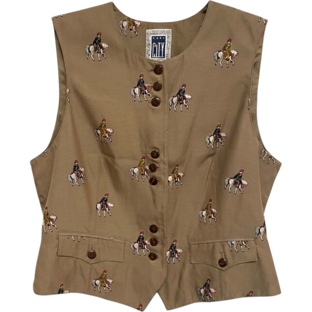 Vintage Vest C'est City Silk Cotton Equestrian Print Size 8 Button Front